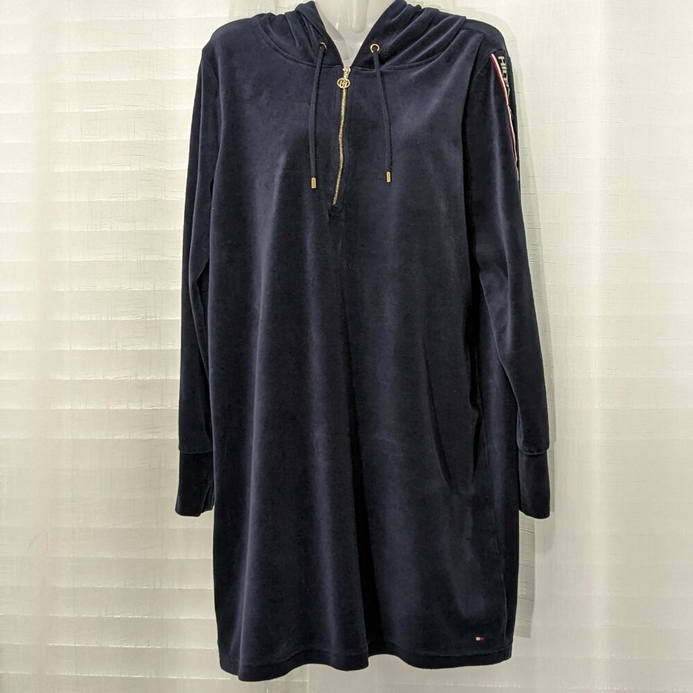 TOMMY HILFIGER Women's Velvet Sweater Hoodie Dress Blue Size Large